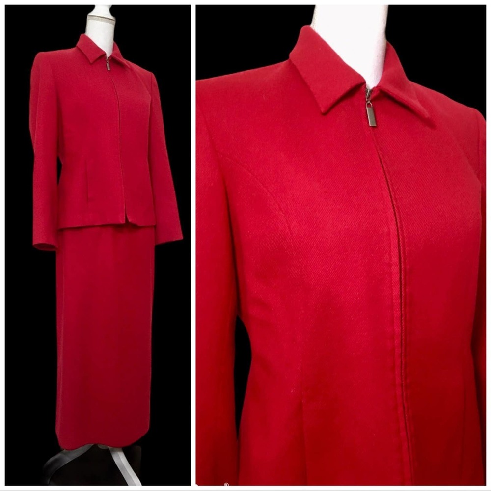 Vintage 90's Y2K Red Wool Zip Front Jacket Maxi Skirt Set 8